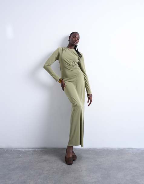 Topshop – Cupro-Maxikleid in Khaki mit Wickeldetail - view 1