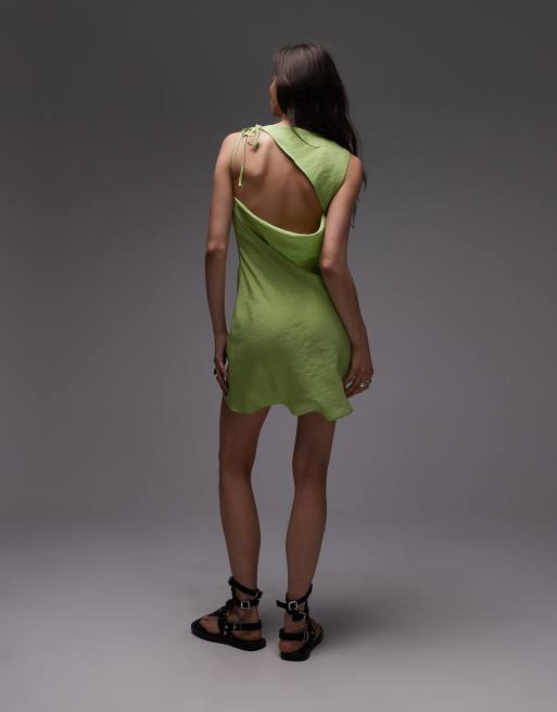 Topshop - Cupro mini jurk met A-lijn en open achterkant in limoen, 3 van 4