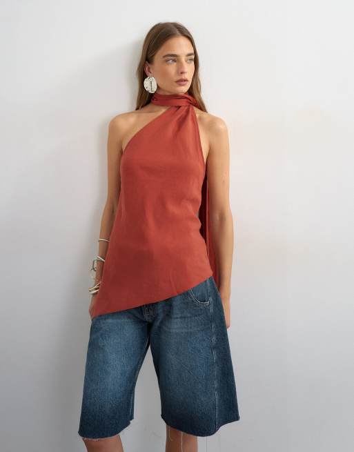 Topshop – Cupro-Oberteil in Rostrot mit Schaldetail und Neckholder, 3 von 4