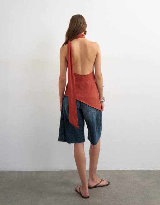 Topshop – Cupro-Oberteil in Rostrot mit Schaldetail und Neckholder, 4 von 4