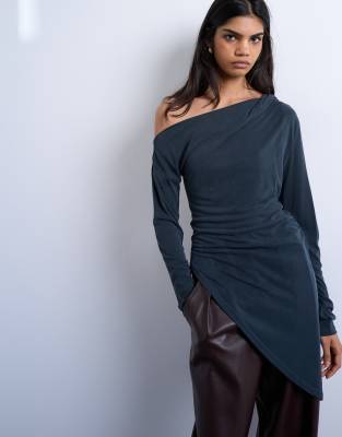 Topshop Cupro Off Shoulder Tunic Long Sleeve Top In Charcoal Grey
