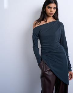 Cupro off shoulder tunic long sleeve top in charcoal grey