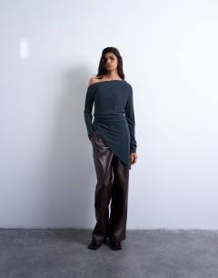 Model wearing Cupro off shoulder tunic long sleeve top in charcoal grey