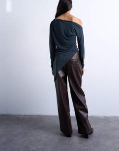Model wearing Cupro off shoulder tunic long sleeve top in charcoal grey