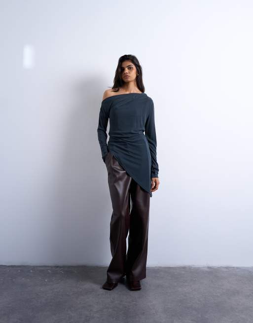 Topshop cupro off the shoulder tunic long sleeve top in charcoal gray