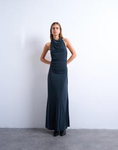 Cupro open cowl back maxi dress in charcoal grey
