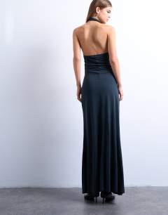 Model wearing Cupro open cowl back maxi dress in charcoal grey