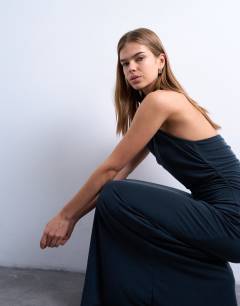 Model wearing Cupro open cowl back maxi dress in charcoal grey