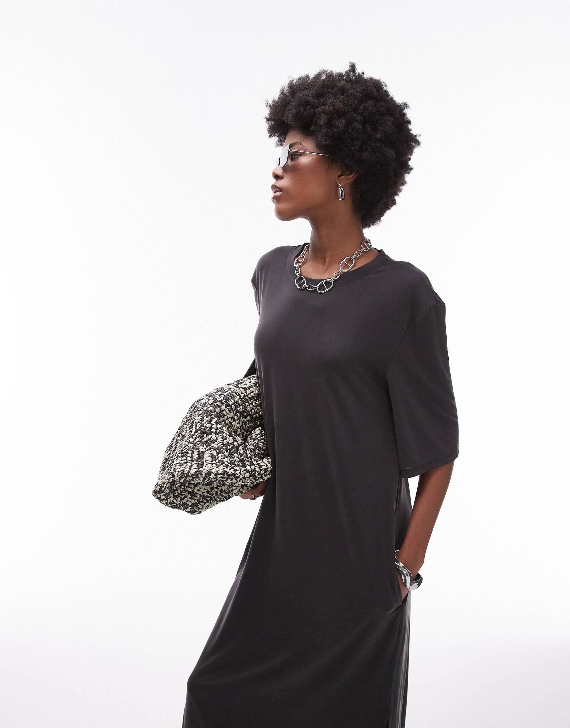 topshop cupro oversized t-shirt midi dress in charcoal
