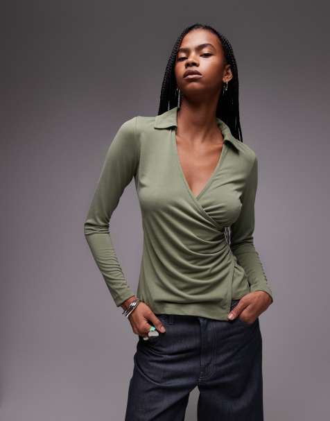 Topshop - Cupro overslagtop met lange mouwen in groen - view 1