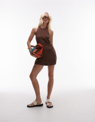 Topshop - Cupro-Playsuit in Schokobraun mit Neckholder