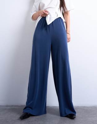 Topshop Cupro Pull On Wide Leg Pants In Blue