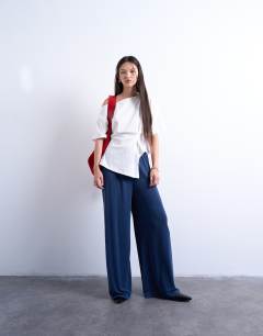 Cupro pull on wide leg trousers in navy