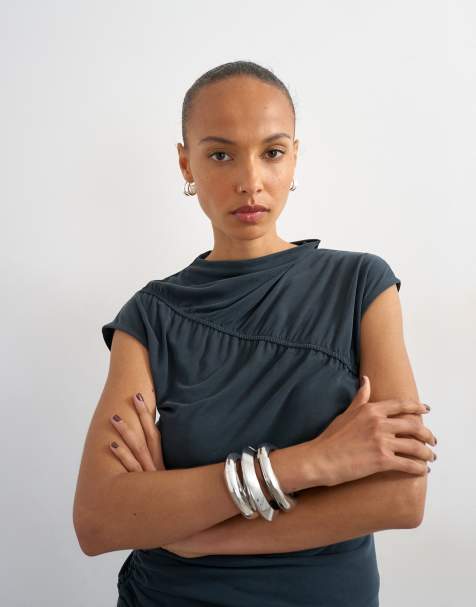 Topshop cupro ruched asymmetric top in charcoal - view 1