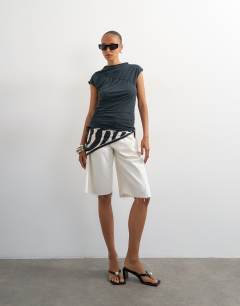 Model wearing Cupro ruched asymmetric top in charcoal