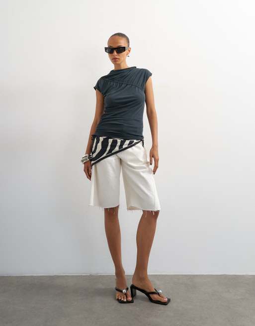 Topshop cupro ruched asymmetric top in charcoal, 2 of 4