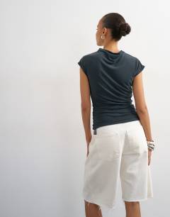 Model wearing Cupro ruched asymmetric top in charcoal