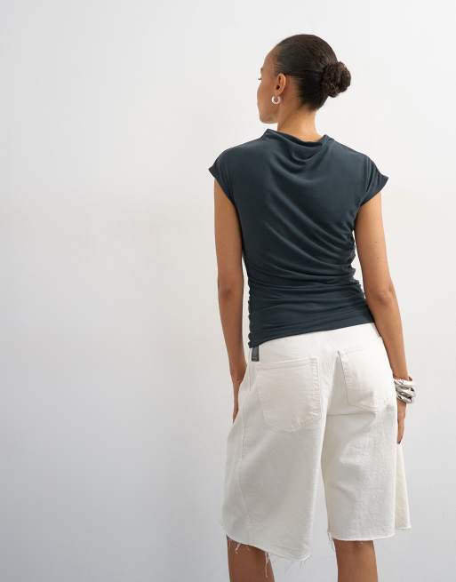 Topshop cupro ruched asymmetric top in charcoal, 3 of 4