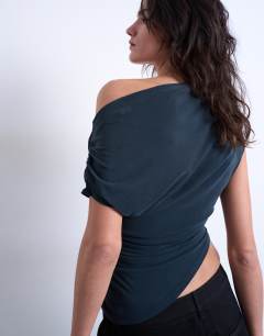 Model wearing Cupro ruched detail top in black