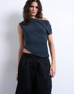 Model wearing Cupro ruched detail top in black