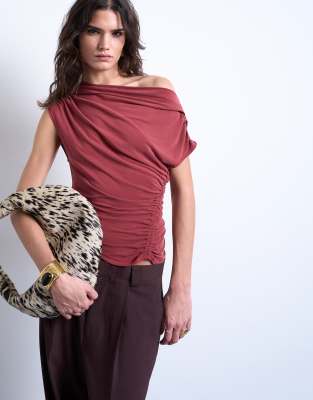 Topshop cupro ruched detail top in rust red