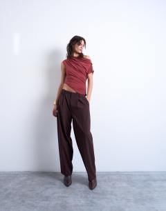 Model wearing Cupro ruched detail top in rust red