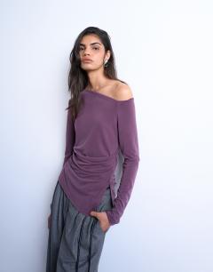 Cupro ruched long sleeve top in plum