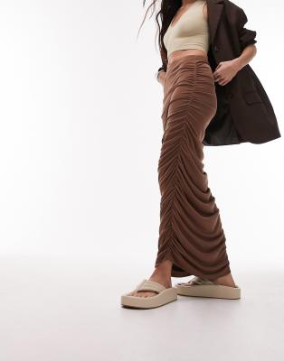 TOPSHOP CUPRO RUCHED MAXI SKIRT IN BROWN