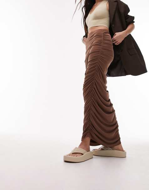 Topshop cupro ruched maxi skirt in brown - view 1