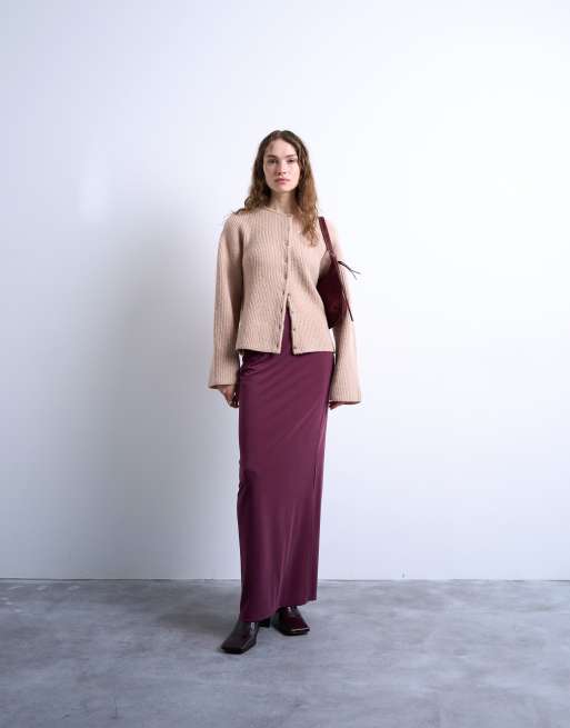 Topshop cupro ruched maxi skirt with hitch side detail in burgundy, 3 of 5