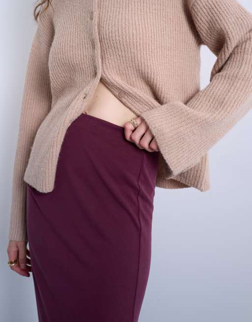 Topshop cupro ruched maxi skirt with hitch side detail in burgundy, 4 of 5