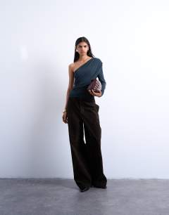 Model wearing Cupro ruched one sleeve top in grey