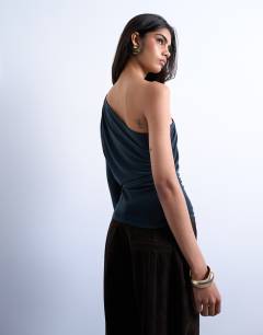 Model wearing Cupro ruched one sleeve top in grey