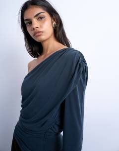 Model wearing Cupro ruched one sleeve top in grey