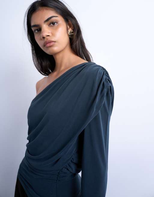 Topshop cupro ruched one sleeve top in grey, 4 of 4