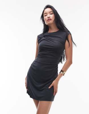 Topshop cupro ruched side cap sleeve mini dress in gray