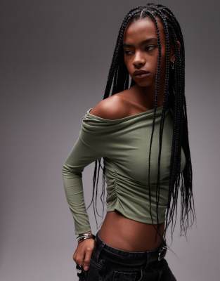 topshop cupro ruched side long sleeve top in green