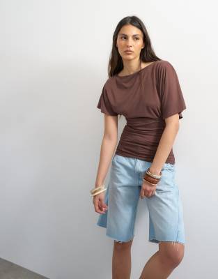 Topshop Cupro Ruched Side Top In Brown