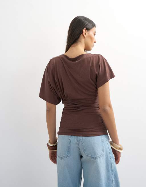 Topshop cupro ruched side top in brown, 4 of 4