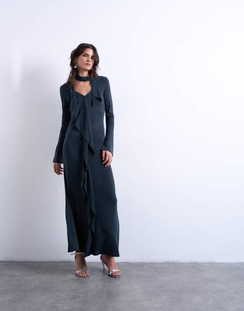 Topshop cupro scarf detail ruffle maxi dress in charcoal - view 1
