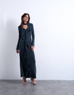 Cupro scarf detail ruffle maxi dress in charcoal