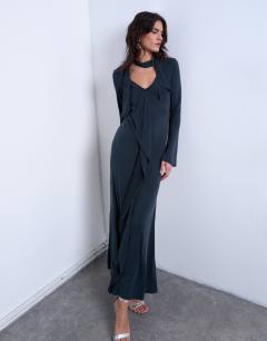 Model wearing Cupro scarf detail ruffle maxi dress in charcoal