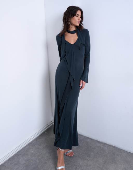 Topshop cupro scarf detail ruffle maxi dress in charcoal, 2 of 4