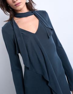 Model wearing Cupro scarf detail ruffle maxi dress in charcoal