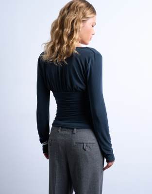 Topshop Cupro Scoop Neck Long Sleeve Ruched Top In Black