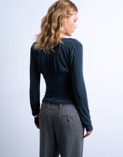 Model wearing Cupro scoop neck long sleeve ruched top in grey