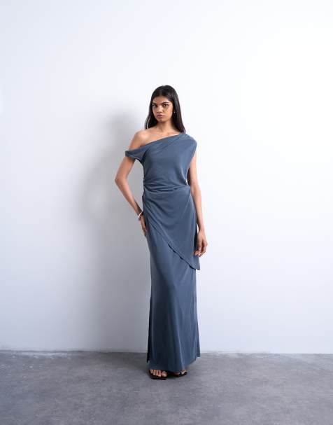 Topshop cupro twist detail bardot asymmetric tunic top in charcoal grey