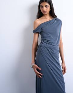 Model wearing Cupro twist detail bardot asymmetric tunic top in charcoal grey