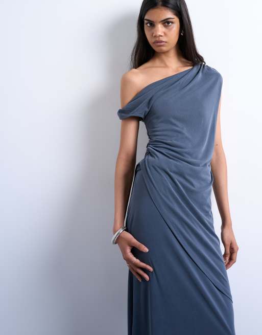 Topshop cupro twist detail bardot asymmetric tunic top in charcoal grey, 2 of 4