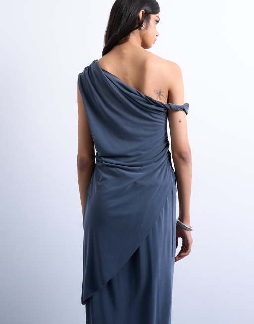 Topshop cupro twist detail bardot asymmetric tunic top in charcoal grey, 4 of 4